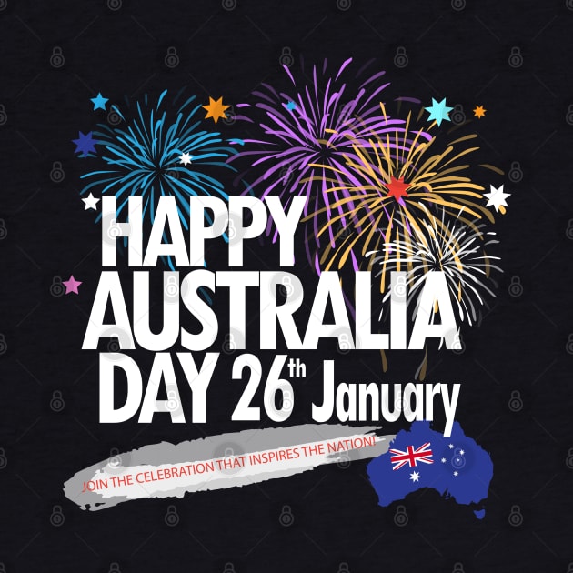 Happy Australia Day 26th January inscription poster with Australian Flag, Australia Map, stars and fireworks. Funny Australia, Patriotic National Holiday Festive Poster for gifts and clothing design. Festival Event decoration. by sofiartmedia